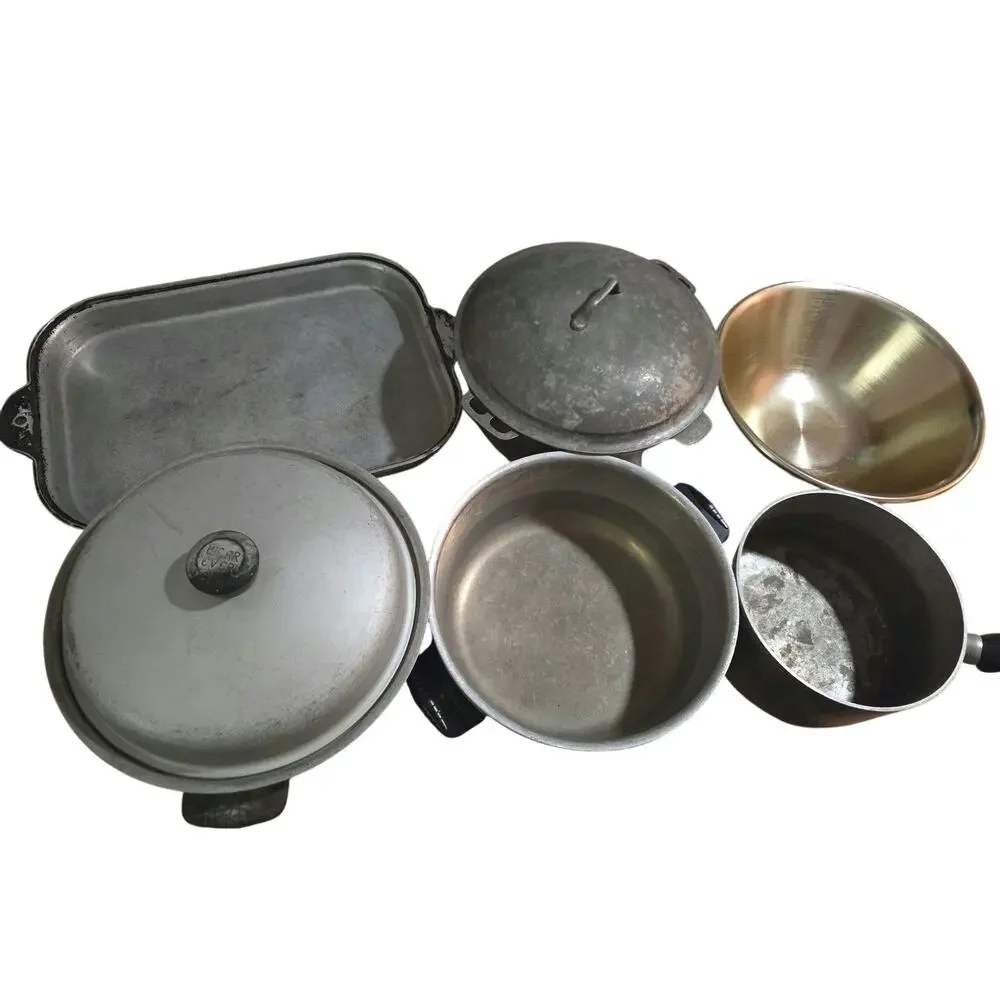 Lot 8 Vtg Wear-Ever Pots Pans 1960s Starburst Lids Stainless Inner Clad